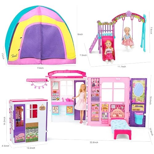 Style Shine Doll House Portable & Foldable Dollhouse w/ 60+ Pcs & 2 Dolls, Play House Toy with Bedroom Kitchen Furniture Camping Playset, Playhouse Gift for Girl Kid Toddler thumbnail 3