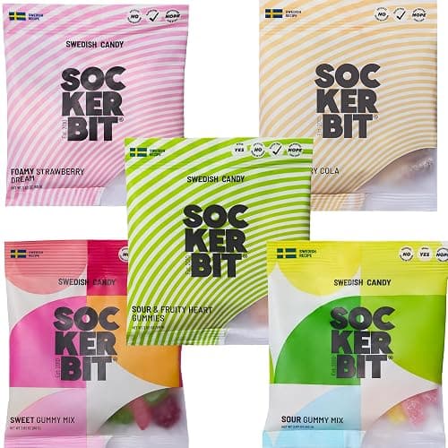 Sockerbit Swedish Candy Variety Pack, 5 Bags, Sweet & Sour Gummy Candy Mixes, Foamy Strawberry Dream, Sour Cherry Cola Bottles & Fruity Hearts, Vegan Options & Non GMO, 2.82oz Each Bag - Image 1