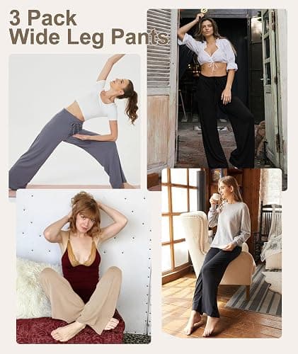 TNNZEET 3 Pack Women's Wide Leg Pants with Pockets - Casual Loose Yoga Trouser Pants Sweatpants Palazzo Lounge Pajama Pants thumbnail 4