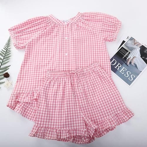 Flygo Womens Gingham Pajamas Set 2 Piece Cotton Pj Lounge Sets Puff Sleeve Ruffle Babydoll Shirt Shorts Summer Outfits thumbnail 6