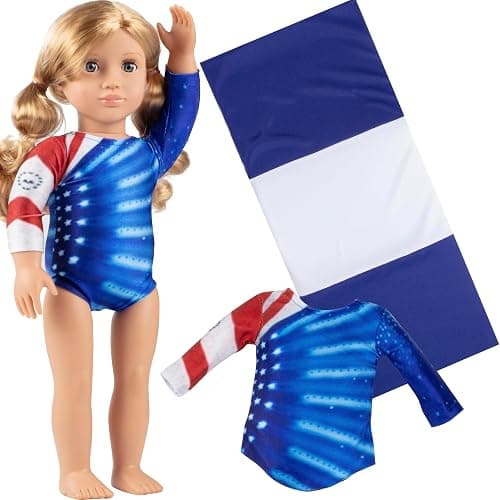 Olympics Gymnastics Competition Doll Clothes (2 Pc Set)- Athletic Uniform Includes Team USA Leotard & Mat- Handmade Outfit & Accessories- Compatible with 18" American Girl Doll- Gift for Girls, Kids - Image 1