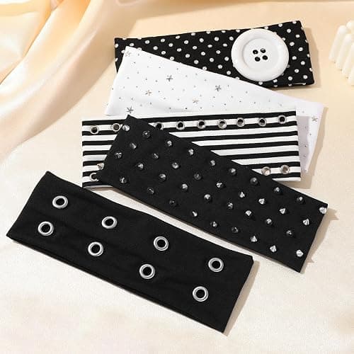 Weazppre 5 Pieces Wide Stretchy Metal Grommet Hair Accessories, Rock Style Black and White Design Fashionable Metal Hairbands for Sports and Casual Y2K Daily Looks thumbnail 7
