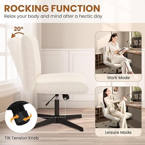 Yaheetech Wide Seat Cross Legged Office Chair, Adjustable Armless Office Chairs with No Wheels, Vanity Chair Criss Cross Chair Swivel Computer Chairs, Ivory thumbnail 7