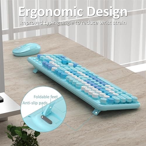 Links9+ Wireless Keyboard and Mouse, Full-Size Retro Typewriter Keyboard with Round Keycaps, 2.4GHz for Windows, Mac, Laptop, PC, Desktop (Blue Colorful) thumbnail 3