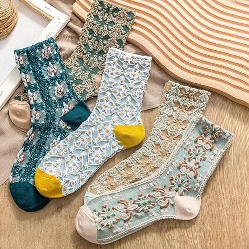 DXYAKY 5 Pairs Womens Floral Cotton Socks Vintage Patterned Crew Socks Novelty Ankle Ruffled Warm Casual Dress Socks thumbnail 2