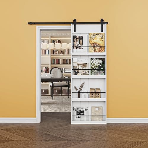 JUJUBON Paintable 30in x 84in Barn Door with 6FT Hardware Kit Included, Solid MDF Wood 4-Shelf Storage Shelves Style Sliding Barn Door, Easy Install, Interior Kitchen Pantry Bathroom Home Office Door - 30" x 84" - White