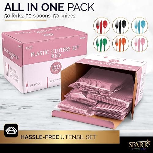 150 Pack Plastic Silverware Heavy Duty, Pink Disposable Cutlery, 50 Spoons, 50 Forks, 50 Knives, Plastic Utensils Set for Home Office School Party Picnics Weddings & More - SparkSettings thumbnail 4