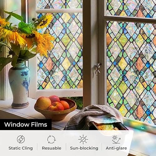 ADD.HERES Window Privacy Film, Stained Glass Decorative Static Cling, Removable Laser Sun Blocking Vinyl Covering,Window Film for Home Kitchen Living Room, Rainbow Crystal Shards, 17.3 x 78.7in thumbnail 2
