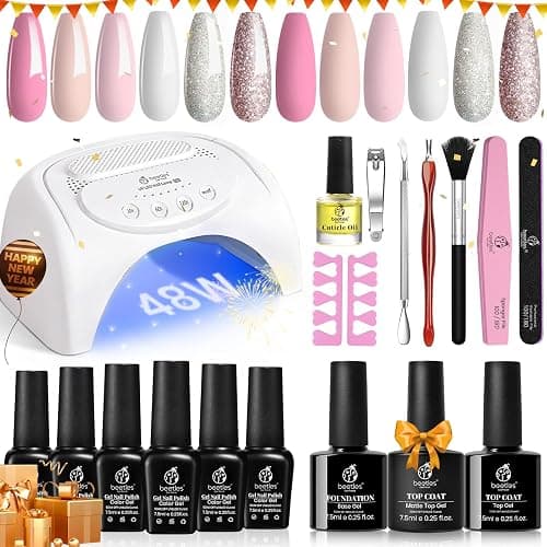 Beetles Gel Nail Polish Kit with 48W light 18 Pcs Gel Starter Kit,6 colors Nude Pink French White Glitter Gel Polish Soak Off Base Top Coat Gel Art Manicure Kit thumbnail 8