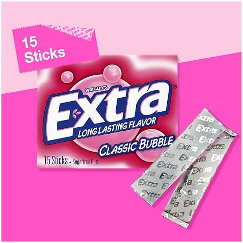 EXTRA Classic Bubble Gum Sugarfree Bulk Chewing Gum, 15 Count, 10 Pack | Long Lasting Classic Bubble Gum Flavor, Individually Wrapped Packs for Sharing, for Fresh Breath at School, Work and Travel thumbnail 4
