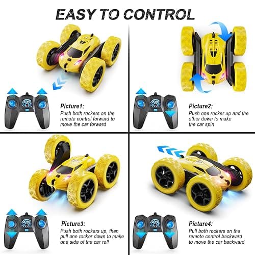 QUNREDA Remote Control Car,RC Car Toys for 6-12 Year Old Boys, Off Road RC Stunt Car 4WD 360° Rotating Remote Control Car for Kids, Boys Girls Gifts for Birthday, Christmas Yellow thumbnail 6