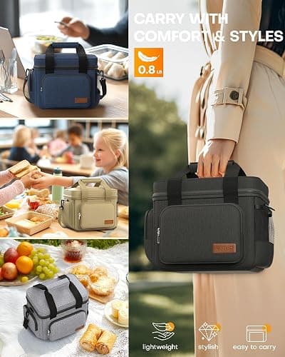 HOTOR Lunch Box for Men and Women - Leak-Proof Insulated Lunch Cooler Bag with Adjustable Strap, Multiple Pockets for Office, Picnic, Hiking, Beach, 1 Layer, 8L, Black, 9.8" x 8.7" x 5.9" thumbnail 6