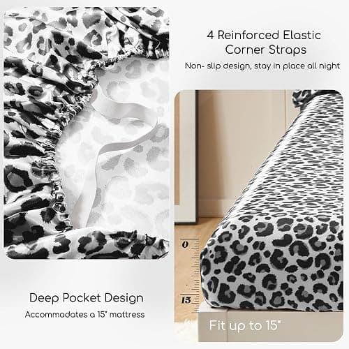 MR&HM Satin Sheets with Elastic Corner Straps, Full Size Sheets Set, 4 Pcs Silky Bedding Set with 15 Inches Deep Pocket for Mattress (Full, White Leopard) thumbnail 5