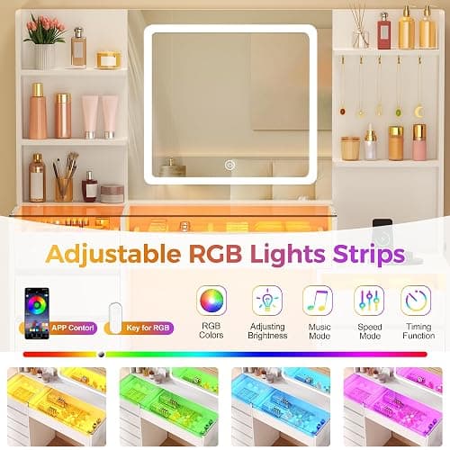 BEWISHOME 49.2" Vanity with Mirror and RGB Lights,Full-View Glass Desktop | White Makeup Vanity Table with 10 RGB Drawers,4 Shelves 5 Hooks and Power Outlet,Dressing Table for Girls Women Bedroom thumbnail 3
