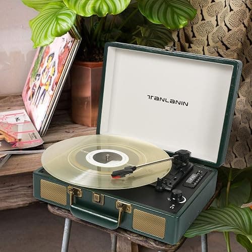 Vintage 3-Speed Bluetooth Portable USB Suitcase Record Player with Built-in Speakers | Upgraded Vinyl Turntable Audio Sound| Includes Extra Stylus & Mat | Green thumbnail 8