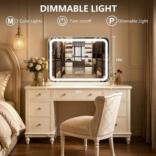 Ratsamee 23" x 18" Vanity Mirror with Lights, Led Lighted Makeup Mirror with 3 Color Dimmable Lights, Touch Control, USB Charging Port, Gifts for Women Wife Teengirls thumbnail 2