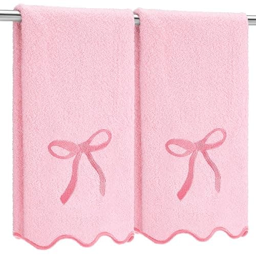 Fanfanwin 2 Pcs Pink Bow Scalloped Hand Towels for Bathroom 26 x 13 Inch Soft Embroidery Cute Coquette Bath Towels Fingertip 100% Cotton Soft Absorbent Boho Bath Decor for Kitchen Bathroom - Image 1
