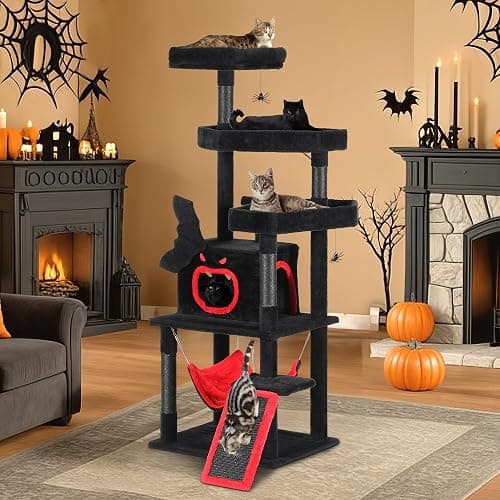 YITAHOME Gothic Cat Tree with Coffin Bed, 63" Tall Cat Tower for Indoor Cats with Top Perch, Spacious Cat Condos, Spider Hanging Balls,Comfy Hammock, Scratching Post and Ladder, Black Halloween | Cat Tower with Top Perch, Spacious Cat Condos, Spider Hanging Balls, Comfy Hammock, Scratching Post and Ladder thumbnail 6