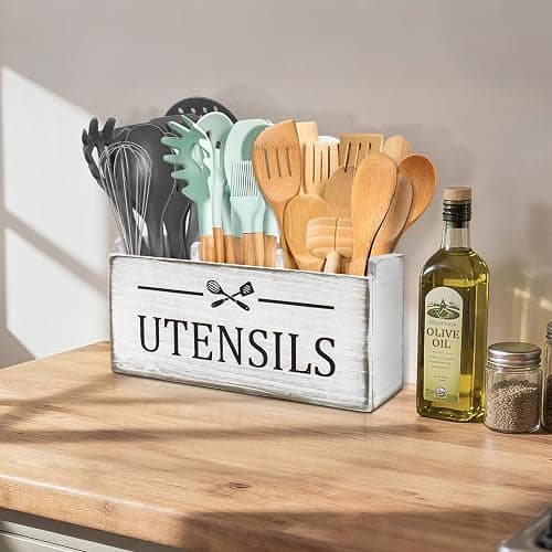 RedCall Wooden Kitchen Utensil Holder for Counter-top,Large Utensil Organizer for Storage Cooking Tool and Silverware,Extra Large Rustic Wood Container (Antique) thumbnail 2