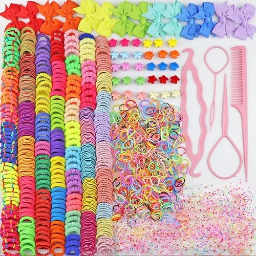 1225 Pcs+ Baby Girls Hair Ties Seamless Cotton Elastics Hair Bands Colorful Mini Rubber Tie Bow Hair Clips Flower Claws Assorted Ponytail Holders Soft for Thin Hair Braids Kids Toddler Little One - Image 1