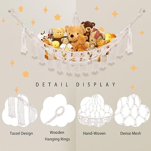 CERETIA Stuffed Animal Hammock with LED Light, Large Stuffed Animals Storage Corner Plushie Net for Kids Room Decor, White thumbnail 6