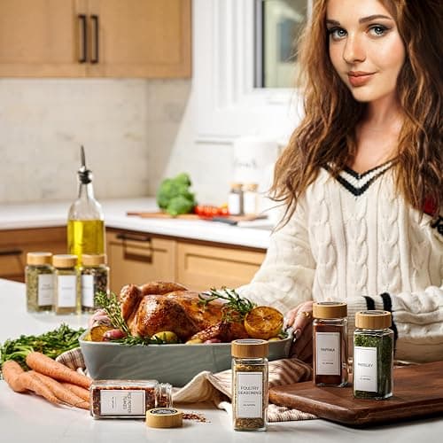 Set of 24 Glass Spice Jars with Various Labels, Bamboo Shaker Lids & Funnel, Kitchen Storage Jars with Airtight Lid, Spices & Seasonings Sets Organizer, Spice Containers, Glass Jar Food Canister thumbnail 6