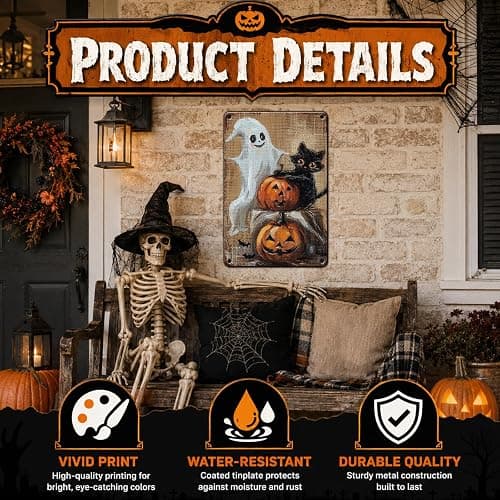 GJXFTPTTBD Black Cat Ghost Pumpkin Metal Tin Sign Halloween Decor Vintage Spooky Porch Wall Art for Home Door Bar Cafe 12x8 Inch thumbnail 4
