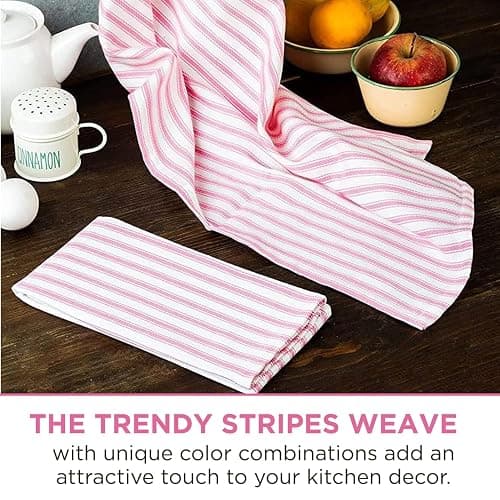 Candy Cottons Stripe Kitchen Towels With Hanging Loop - Boho Absorbent Dish Towels Set of 3 - Festive Gift 18x28 Inch Reusable Pantry Decor - Trendy Spring French Pink thumbnail 7