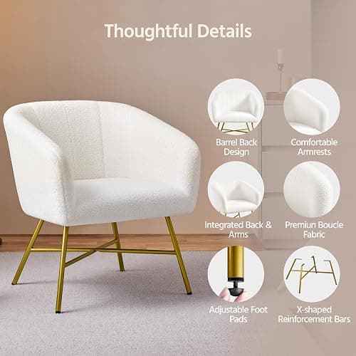 Yaheetech Boucle Tub Chair, Upholstered Vanity Chair with Round Back, White | Modern Armchair with Integrated Backrest and Armrests, Thick Padded Seat and Adjustable Foot Pads for Living Room Bedroom thumbnail 5