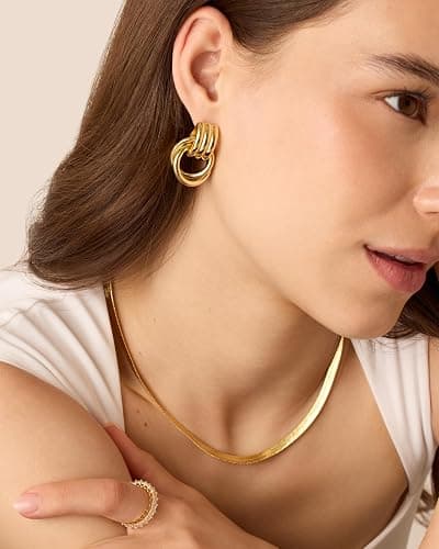 PAVOI 14K Gold Plated Door Knocker Statement Earrings for Women - Chunky Gold Earrings for Women - Trendy Mixed Metals Bold Knot Drop Dangle Jewelry thumbnail 4
