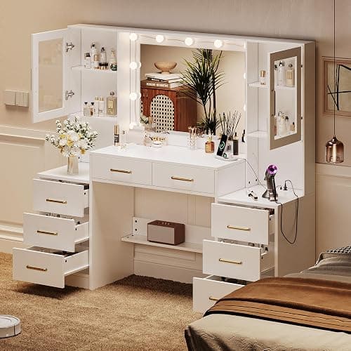 TOKSOM 58.3”Vanity Desk with Mirror and Lights & Charging Station, Bedroom Dressing Table, Large Vanity Set, 8 Drawers and 2 Cabinets, Makeup Vanity Table with Charging Station, Without Stool thumbnail 5