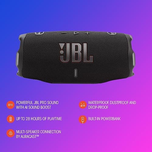 JBL Charge 6, Wireless Portable Bluetooth Speaker, Blue | IP68 Waterproof & Drop-Proof, AI Boost, 28Hrs Playtime, Auracast, Built-in Powerbank, Removable Carrying Strap thumbnail 6