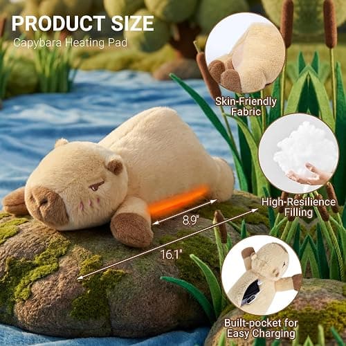 Capybara Heating Pad for Period Cramps,Menstrual Pain Relief,Cute Stuffed Animal Electric Heating Pad Plush,USB Powered Heated Plush Toy,Portable Warm Cushion Gift for Women Teen Girls Christmas,Brown thumbnail 6