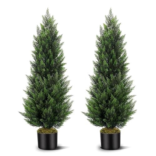 Artificial Topiary Cedar Trees 4FT Tall 2 Set, Outdoor Indoor Faux Pine Shrubs Plants, Realistic Fake Plants Front Porch Decor, Artificial Bushes Cypress for Home Front Door Offices - Image 1