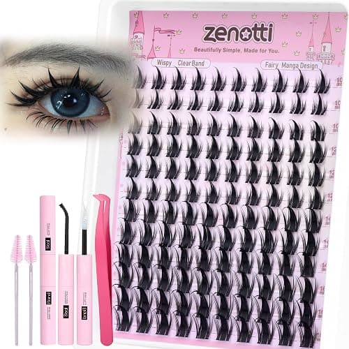 Manga Lash Clusters Kit Anime Lashes Cluster Kit Natural Wispy Eyelash Clusters Kit Spiky Fairy Individual Lashes Cluster with Spikes Invisible Clear Band DIY at Home 10-16MM by zenotti - Image 1