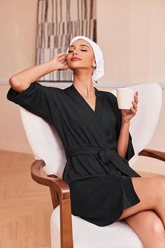 Ekouaer Robes for Women Waffle Knit Bathrobe Soft Lightweight Knee Length Loungewear S-XXL thumbnail 3