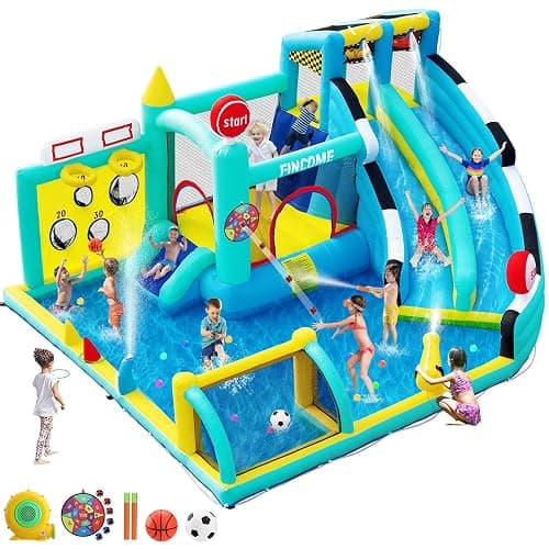 FINCOME Bounce House Double Slides for Kids 3-10, Large Bounce Castle with Air Blower 550W, Pool, Jumping, Climbing, Balls, Ring Toss, Inflatable Water Park for Birthday Party Holiday Outdoor Indoor thumbnail 9