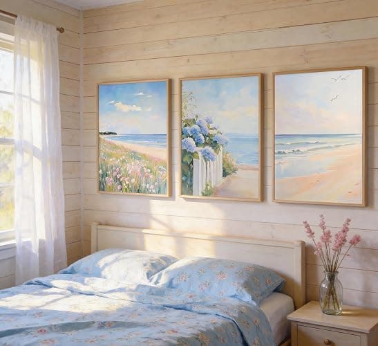 Wood Framed Pastel Coastal Wall Art Pink Beach & Blue Hydrangea Pictures Wall Decor Ocean Wildflowers Posters Summer Beachy Preppy Painting Print Artwork for Beach House Bedroom Dorm Apartment thumbnail 2