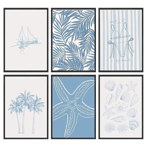 Blue Coast Bikini Shell Canvas Wall Art Fashion Swimwear Beach Aesthetic Wall Decor Preppy Coast Poster Print Artwork for Hallway Bedroom and Living Room Home Decor 8x10in Unframed - Image 1