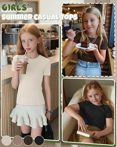 Oakgarden 4 Pack Girls T Shirts 5-14 Years Short Sleeve Ribbed Tops Crew Neck Slim Fit Summer Casual Cute Basic Tees for Kids thumbnail 4
