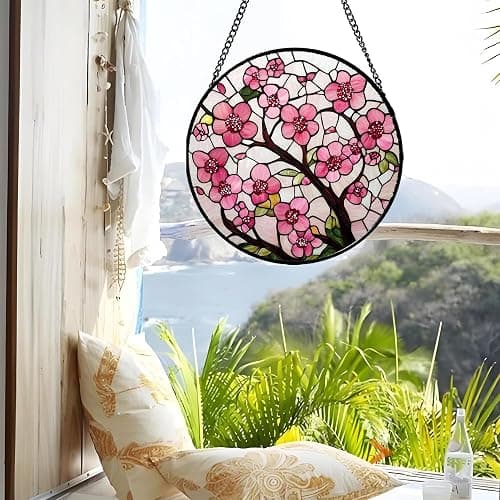 CRISGIF Stained Glass Window Hanging - Cherry Blossoms Birth Flower Suncatcher for Door Garden Patio Sun Catchers Decor Christmas Mother's Day Birthday Gifts for Women Mom Nana Friend Wife 7.8 in thumbnail 4