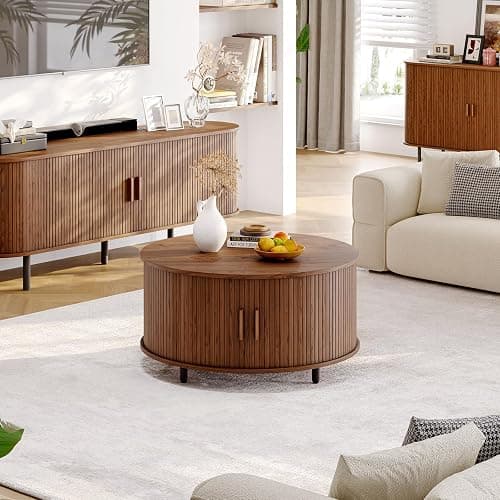 ONBRILL Round Coffee Table with Storage, 31.5" Modern Coffee Table with 360° Curved Sliding Door, Fluted Wood Accent Coffee Table with Adjustable Footpads, Round Center Table for Living Room, Walnut thumbnail 7