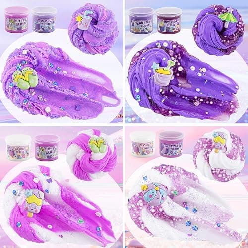 LAWOHO 6 Packs Gradient Purple Slime Kit - Cloud, Butter & Clear Slimes, Crunchy Slimes Kits for Kids with Beach Charms & Add-ins, Party Favors for Girls & Boys, 360ml Soft Non Stick Slime Making Kit thumbnail 8