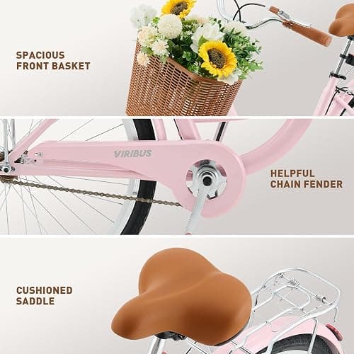 Viribus Beach Cruiser Bike for Women, 24 26 inch Womens Bike with 1 Speed, Front Basket & Rack, Comfort Cruiser Bicycle Step Through for City Commuter, Retro Bicycle for Seniors Ladies Female Adults - Light Pink - 24 Inch Wheels thumbnail 4