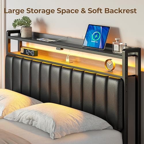 Rolanstar Headboard for Full Size Bed with Storage, 60,000 DIY Color of LED Light, Head Board with USB & Type C Port, Height Adjustable, Black Upholstered Cabeceras de Cama Comfortable Modern, Leather thumbnail 6