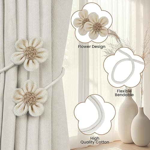 KLOGTSIND Flower Curtain Tiebacks, 2 Pack Curtain Ties Elegant DIY Curtain Holdbacks, Decorative Window Drape Twist Tie Backs for Boho Bedroom Decor, Nursery Decor, Farmhouse Décor thumbnail 4