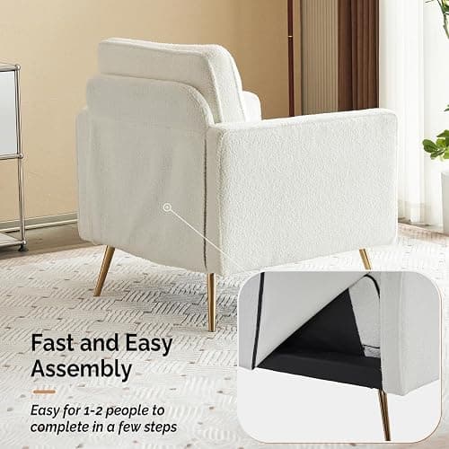 VINGLI Upholstered Living Room Chairs White Accent Chair Fluffy Teddy Fabric Mid Century Modern Sofa Chairs with Arms, Gold Legs for Reading, Bedroom, Waiting Room thumbnail 6