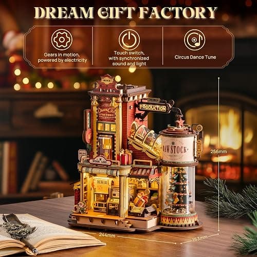 ROKR 3D Puzzle for Adults Christmas Style Dream Gift Factory Wooden Model Kit Luminous Factory DIY Dollhouse Kit Building with Music, Lights and 5 Elves for Adults thumbnail 5