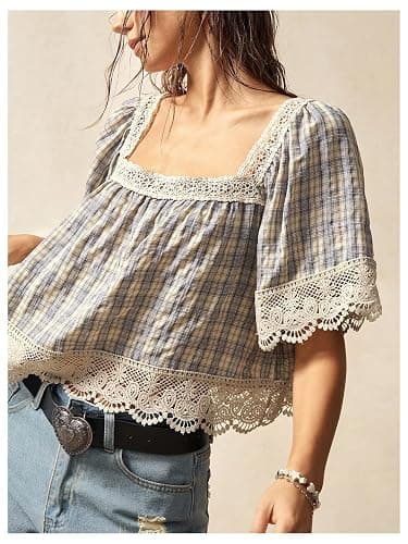 SHENHE Women's Plaid Blouse Crochet Lace Square Neck Cottagecore Crop Top | Boho, Short Sleeve, Vacation Outfits, Loose FIt, Oversized, Peplum Top thumbnail 2