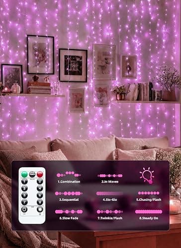 Brightown 300 LED Pink Fairy Curtain Lights, 9.8ft x 9.8ft String Lights | USB Plug in 8 Lighting Modes Christmas String Hanging Lights with Remote for Bedroom Indoor Outdoor Xmas Valentine's Day thumbnail 5